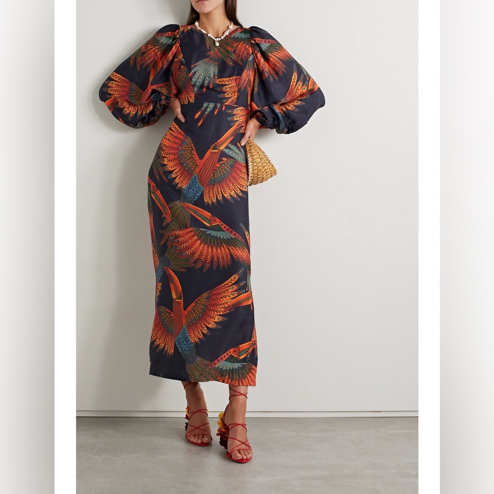 Farm Rio XL Retails for $345 Midi dress Arabesque Toucans. Backless, puff sleeve